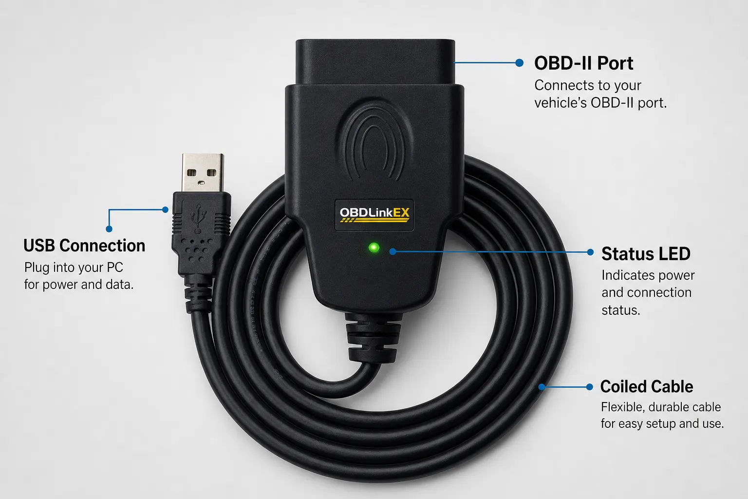 3 × 16 AWG OBD Adapter controls and screen