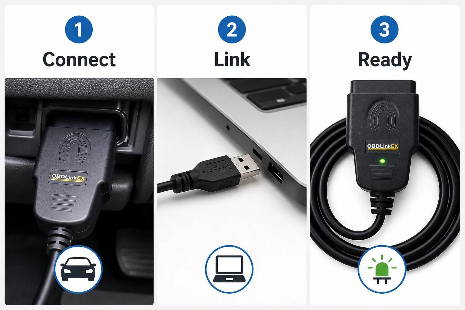 3 × 16 AWG OBD Adapter setup and use views
